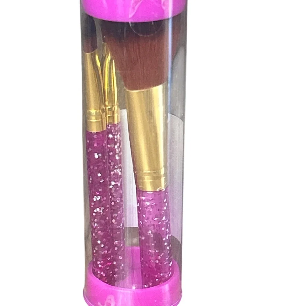 Pink Glitter Cosmetic Makeup‎ Brushes 3 Piece Set with Clear Tube